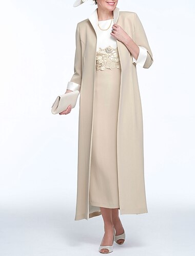  二部式シース母親の花嫁ドレスウェディングゲスト教会エレガントジュエルネック足首丈ストレッチファブリックノースリーブアップリケ付きダービードレスレースデイドレス2025無料カスタムサイズ