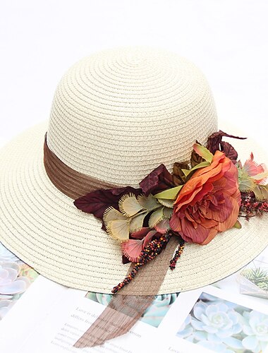 Hatter Hodeplagg Halmhatter Strå Bøttehatt Stråhatt Solhatt Avslappet Ferie Strand Kentucky Derby Melbourne Cup Gammeldags stil Elegant Med Appliqué Blomst Hodeplagg Hodeplagg