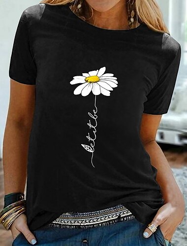  Dames T-shirt Zwart Wit Geel Grafisch Madeliefje Afdrukken Korte mouw Dagelijks Uitgaan Basic Ronde hals Normaal 100% katoen Bloemen Thema S