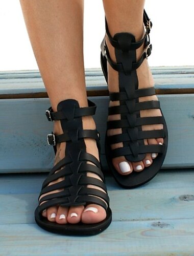  Femme Sandales Chaussures romaines du quotidien Plage Couleur unie Eté Talon Plat Bout rond Bout ouvert Rétro Vintage Classique Faux Cuir Polyuréthane Matière synthétique Boucle Brun claire Noir Dorée