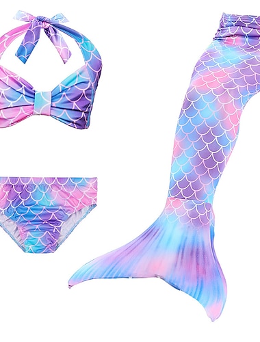  Kinderen Voor meisjes 3 stuks Zeemeermin zwemkleding Bikini Bikini Zwemmen Kleurenblok Afdrukken Actief leuke Style Blote rug Badpakken 2-9 jaar Zomer Paars