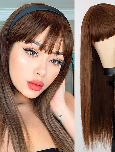  Weinperücken für Damen Synthetische Perücke Natürlicher gerader Zopf Ordentlicher Pony Perücke Burgund Lang Synthetische Haare Damen Cosplay Party Mischfarbe Weihnachtsfeier Perücken