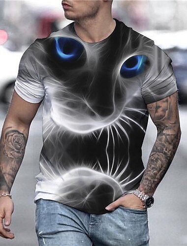  Homme Chemise T shirt Tee Tee Graphic Animal Chat Col Rond Gris 3D effet Grande Taille Plein Air Casual Quotidien Manche Courte Imprimer Vêtement Tenue Soirée Design Rustique Décontractées