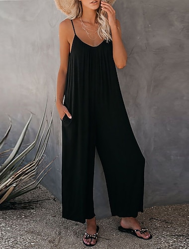  Women's Jumpsuits Casual Summer Solid Color V Neck Holiday Daily Going out Wide Leg Loose Fit Spaghetti Strap Khaki 3XL