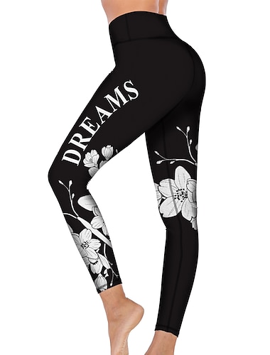  Mulheres Calças de ioga Butt Lift Compressão abdominal Cintura Alta Treino de Ginástica Corrida Ginástica Meia-calça Leggings Estampa floral Preto Outono Inverno Esportes Roupas Esportivas