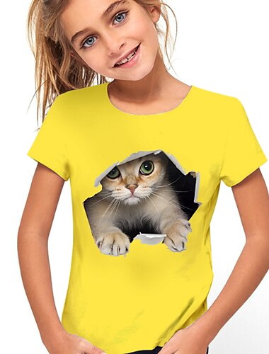  Pige 3D Kat T-shirt Kortærmet 3D-udskrivning Sommer Aktiv Sød Stil Polyester Børn 3-12 år udendørs Daglig Regulær