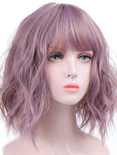  Rosa Perücken für Frauen Synthetische Perücke Tiefe Welle saubere Pony Perücke Rosa kurz A1 A2 A3 A4 A5 Synthetisches Haar Frauen Cosplay Party Mode Rosa Lila Halloween Perücken