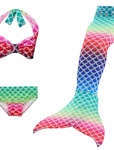  Kinderen Voor meisjes 3 stuks Zeemeermin zwemkleding Badmode Bikini Bikini Zwemmen Kleurenblok Regenboog Actief leuke Style Blote rug Badpakken 2-9 jaar Zomer Regenboog