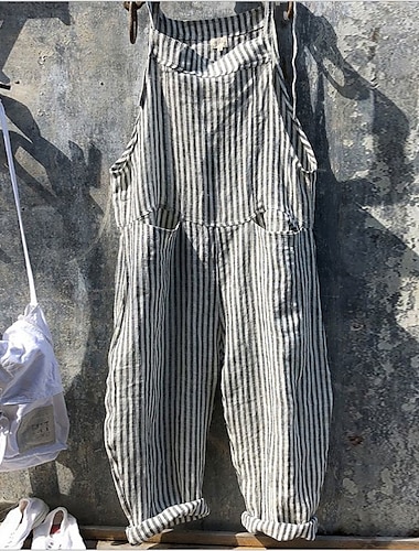  ababc κορίτσι μόδας βαμβακερό λινό παντελόνι γυναικείο επίδεσμο αμάνικο ρίγες κορμάκι κορμάκι casual baggy φόρμες σαλοπέτα λινό με τσέπες φαρδύ παντελόνι harem