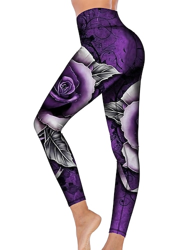  Mulheres Calças de ioga Butt Lift Compressão abdominal Cintura Alta Treino de Ginástica Corrida Ginástica Meia-calça Leggings Estampa floral Roxo Outono Inverno Esportes Roupas Esportivas