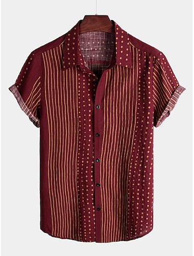 男性用 シャツ グラフィックシャツ トライバル カラー レギュラーカラー ワイン 日常 ビーチ 半袖 衣類 コットン デザイナー ベーシック ボヘミアン