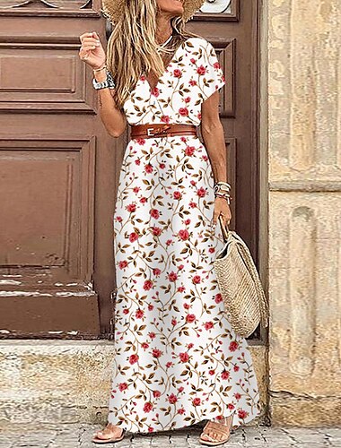  Damen Maxikleid Casual kleid Schaukelkleid Boho-Kleid Böhmen Urlaub Boho Festtage Strand Wochenende Regular Fit Paisley-Muster Bedruckt Boho Kurzarm V Ausschnitt Schwarz Rote Braun Sommer Frühling
