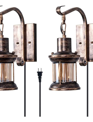  Lightinthebox مصباح جداري ريفي 2 في 1 مطلي بالزيت برونزي عتيق جداري مصباح بجانب السرير تركيبات سلكية بمقبس زجاجي صناعي فانوس إضاءة مصباح قديم
