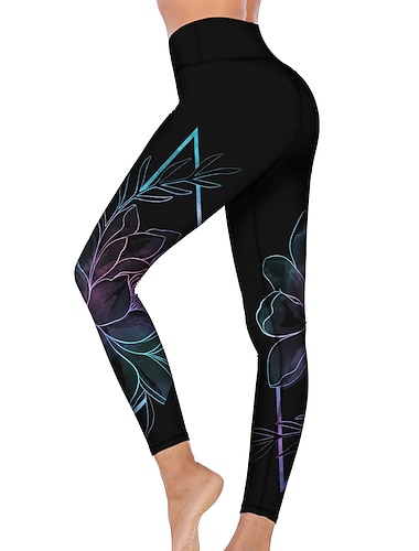  Mulheres Calças de ioga Butt Lift Compressão abdominal Cintura Alta Treino de Ginástica Corrida Ginástica Meia-calça Leggings Estampa floral Preto Outono Inverno Esportes Roupas Esportivas