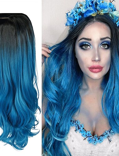  Grüne Perücken für Frauen Synthetische Perücke Tiefe Welle Mittelteil Perücke Blonde Mittellange Ombre Blaue Ombre Grüne Ombre Blonde Synthetisches Haar Frauen Cosplay Halloween Perücken