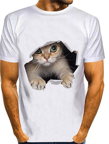  Camiseta con estampado de gato en el agujero para hombre, camiseta colorida de algodón de verano en 3d, estampado de animales, cuello redondo, verde, azul, morado, amarillo, naranja, camiseta corta