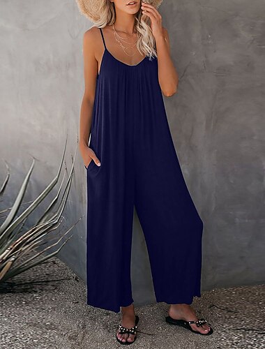  Damen-Overall, einfarbig, V-Ausschnitt, Urlaub, Alltag, Ausgehen, weites Bein, lockere Passform, Spaghettiträger, Khaki, 3XL, Sommer
