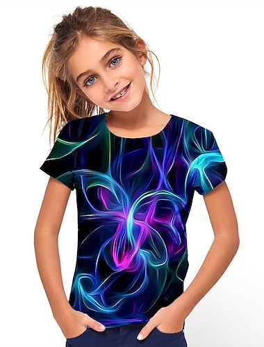  Mädchen 3D Graphic Geometrisch Farbblock T-Shirt Kurzarm 3D-Druck Sommer Sport Modisch Strassenmode kinderkleidung Sportlich