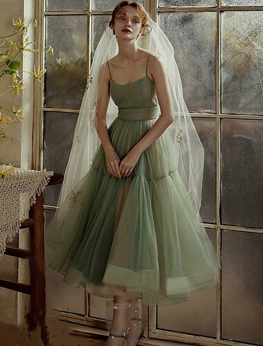  A-Line Prom Dresses Elegant Dress Wedding Guest Birthday Tea Length Sleeveless Spaghetti Strap Tulle with Sash / Ribbon Pleats 2024