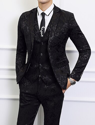  fekete/sötét sötétkék férfi báli öltöny esküvői parti öltöny nyomtatott bankett vacsora báli viselet 3 részes öltöny normál szabású egymellű kétgombos 2024