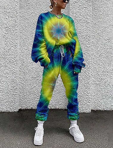  Dame Gatemote Grunnleggende T skjorte Joggedress Buksesett Langermet Crew-hals Batikkfarget Snorer Trykt mønster Feriereise Fritid / hverdag Rød Blå Grønn Høst vinter Løstsittende