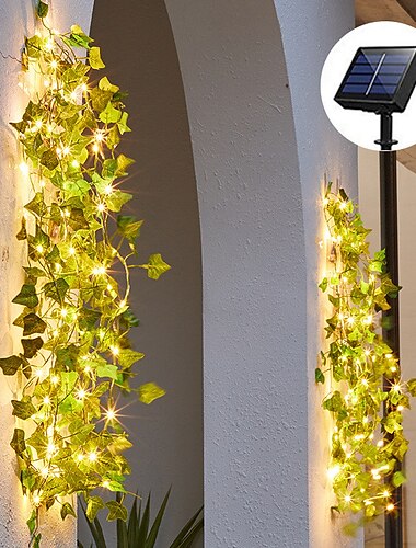  屋外ソーラーledストリングライトip65防水ソーラーパワー屋外ledガーデンハンギングライト人工屋外ツタの葉植物用庭柵壁掛け装飾暖かい白8モード照明