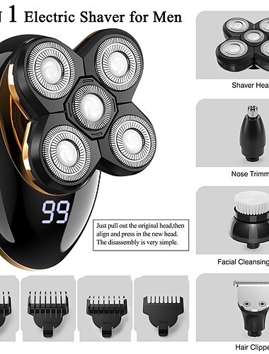  Electric Shavers Mens Electric Shaving Razors  Bald Head Shaver ,Rechargeable Cordless Wet Dry Rotary Shaver Grooming Kit with Clippers Nose Hair Trimmer Facial Cleansing Brush