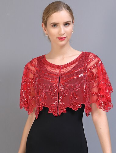  Sjaler  Wraps Kvinne Bryllupsgjest Wraps Bolero Glans  Skinne 1920-tallet Elegant Kort Erme Tyll Bryllupswraps Med Perler Til Bryllup Sommer kjole å imponere
