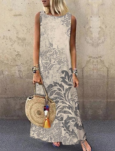  Dames Maxi Jurk Zomerse Jurk Shift Jurk Elegante Casual Vakantie Feest Casual Regular Fit Bloemen Print Mouwloos Crew Neck Beige Zomer Lente
