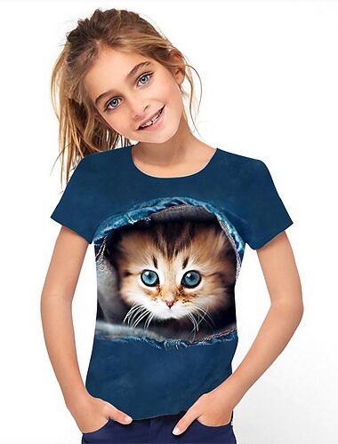  Mädchen 3D Graphic Tier Katze T-Shirt Kurzarm 3D-Druck Aktiv Kuschelig kinderkleidung 3-12 Jahre