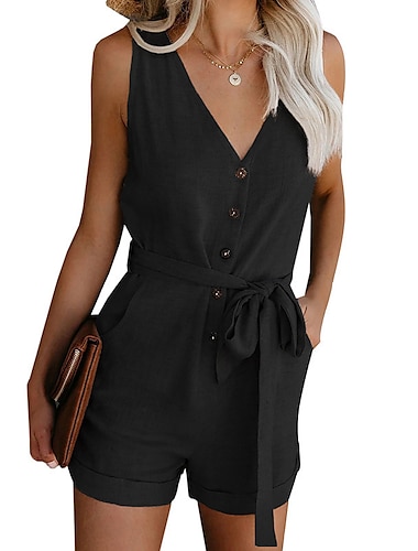  Women's Jumpsuits Casual Summer Romper Lace up Button Front Solid Color V Neck Casual Daily Going out Regular Fit Sleeveless Light Blue ArmyGreen Blue S M L Spring