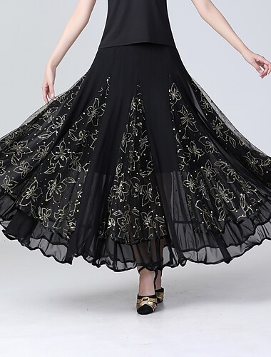  ריקודים סלוניים חצאיות הדפסה צבע טהור קפלים בגדי ריקוד נשים הצגה הדרכה גבוה פוליאסטר