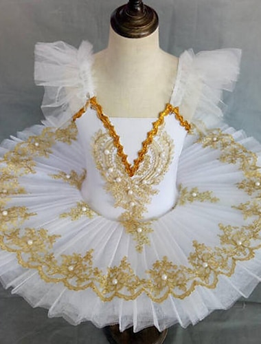  Ballet Tutu Dress Dress Imitation Pearl Lace Printing Girls' Training Performance Sleeveless High Lace Tulle