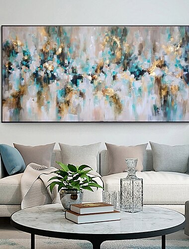  Ölgemälde 100 % Handarbeit, handgemalte Wandkunst auf Leinwand, golden, blau, abstrakter Mosaik-Effekt, Heimdekoration, Dekoration, gerollte Leinwand, kein Rahmen, ungedehnt