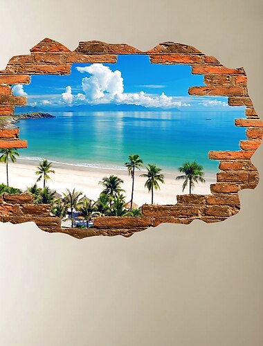  3d pared rota cielo azul nube blanca playa de coco corredor de casa decoración de fondo se puede quitar pegatinas