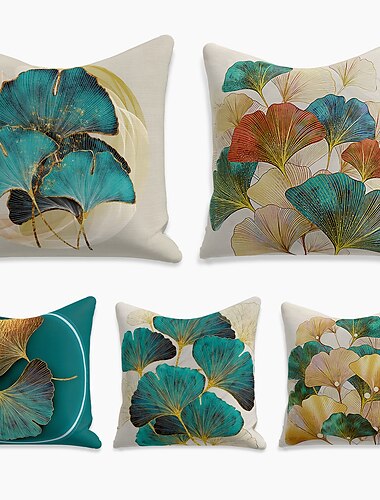  double face housse de coussin 5pc doux décoratif carré jeter taie d'oreiller faux lin taie d'oreiller taie d'oreiller qualité supérieure lavable en machine impression ginkgo biloba pour canapé canapé