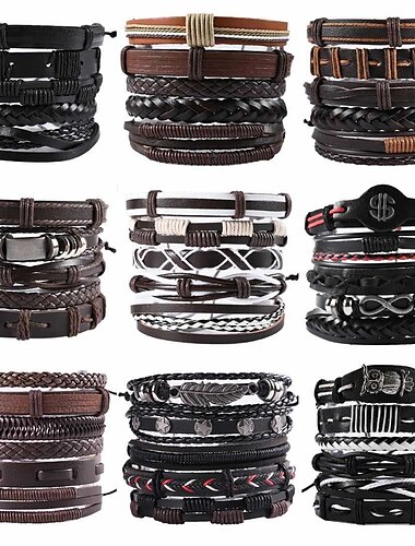  vintage men's hand jewelry 5 packs cross braided leather adjustable set bracelet