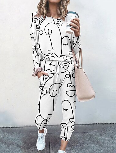  Dame Genser Joggedress Buksesett Gatemote Cinched Blå Gul Ut på byen Fritid / hverdag Grafisk Abstrakt Snorer Trykt mønster Crew-hals S M L XL XXL