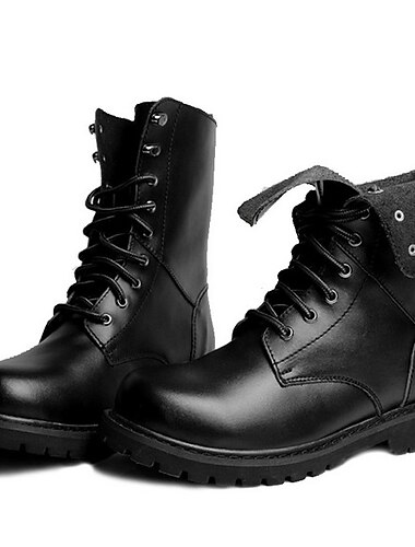  bottes de combat en cuir noir pour hommes avec col pliable - bottines robustes à lacets de style militaire pour l'extérieur