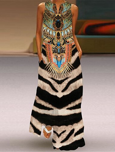  Damen Maxikleid Casual kleid Stilvoll Täglich Ausgehen Regular Fit Blumen Leopard Ärmellos V Ausschnitt Leopard Schwarz Weiß Grün Sommer Frühling