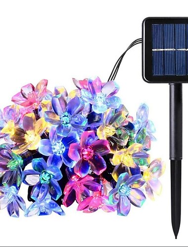  7m LED Solar Lichterkette für draußen, 50 Kirschblüten LEDs in Warmweiß, RGB, Weiß&amp;blaue, wasserfeste Hochzeits-/Garten-Weihnachtsdeko mit Befestigungsbügel