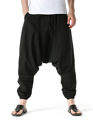  Herr Harem Linne Byxor Långbyxor Sommarbyxor Säckiga byxor Snörning Släpp grenen Slät Fullängd Ledigt Dagligen Etnisk Stil Boho Lös passning Svart Marinblå