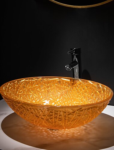  moderne luxe kunst oranje ovale gegoten glazen wastafel met kraan, wastafelhouder en afvoer