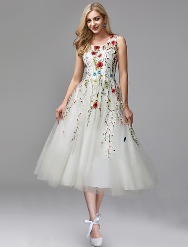  Robe de bal A-Line Élégante Robe Invitée de mariage Engagement Thé Longueur sans manches Col bijou Chiffon avec insert en dentelle appliqués 2025