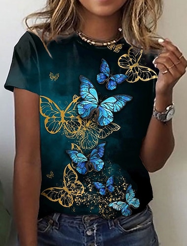  Women's T shirt Tee Black Pink Purple Graphic Butterfly Print Short Sleeve Daily Weekend Basic Vintage Round Neck Regular Butterfly Painting S