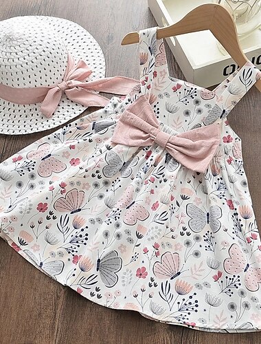  Kinder Kleinkind Mädchen Kleid Pflanzen Blume Geburtstag Schleife Druck Rosa knielang ärmellos süße Kleider Thanksgiving Sommer Regular Fit 2–6 Jahre