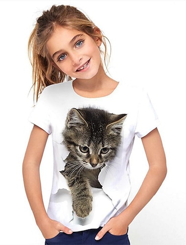  Flickor 3D Grafisk Djur Katt T-shirt Kortärmad 3D-tryck Aktiv söt stil Barn 3-12 år