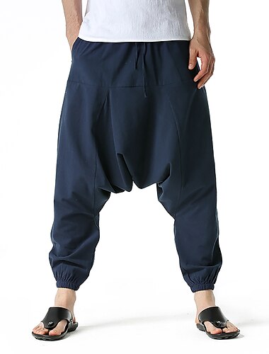  Herren Haremshosen Leinenhose Hose Hosen Sommerhosen Schlabberhose Kordelzug Drop Schritt Glatt In voller Länge Casual Täglich Ethnischer Stil Boho Lockere Passform Schwarz Marineblau
