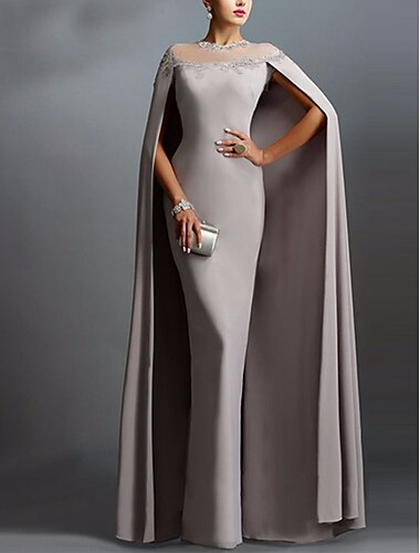  Sheath Abendkleid Elegantes Kleid Formal Abend Bodenlänge Kurze Ärmel Illusion Neck Herbst Hochzeitsgast Stretchstoff mit Spitzenapplikationen beeindruckendes Kleid Stretchkleid 2025