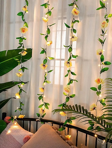  elegantní svatební hostina růže květ břečťan list led víla řetězová světla – 2m 20leds růžová girlanda měděná drátěná světla na Valentýna, domácí dekorace